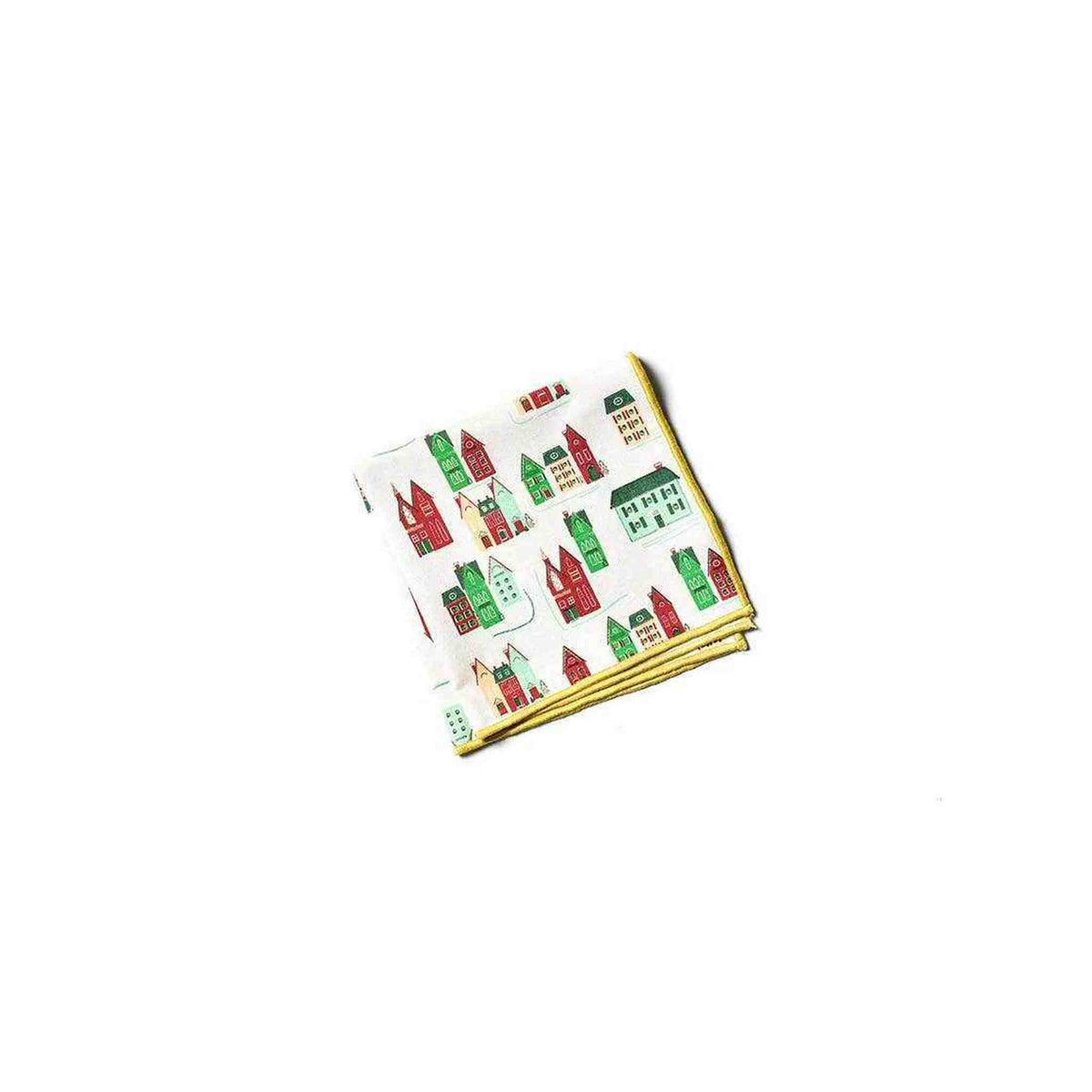 
                  
                    Set of four Flying Santa dinner napkins with vintage holiday house pattern and gold stitched border, 18 inches square
                  
                