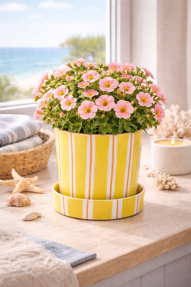Yellow Retro Stripe Planter with Saucer - Curated Home Decor