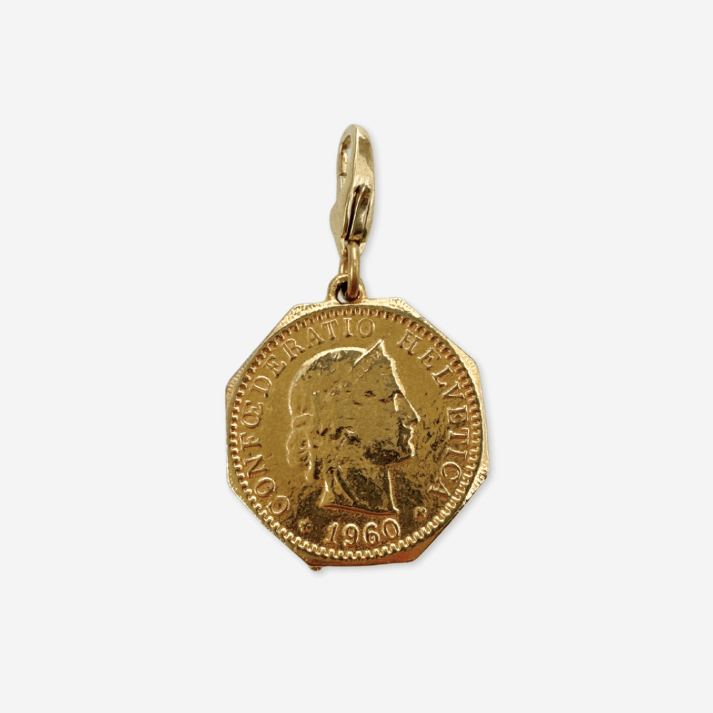 Vintage gold plated Queen Elizabeth coin charm with raw brass lobster clasp