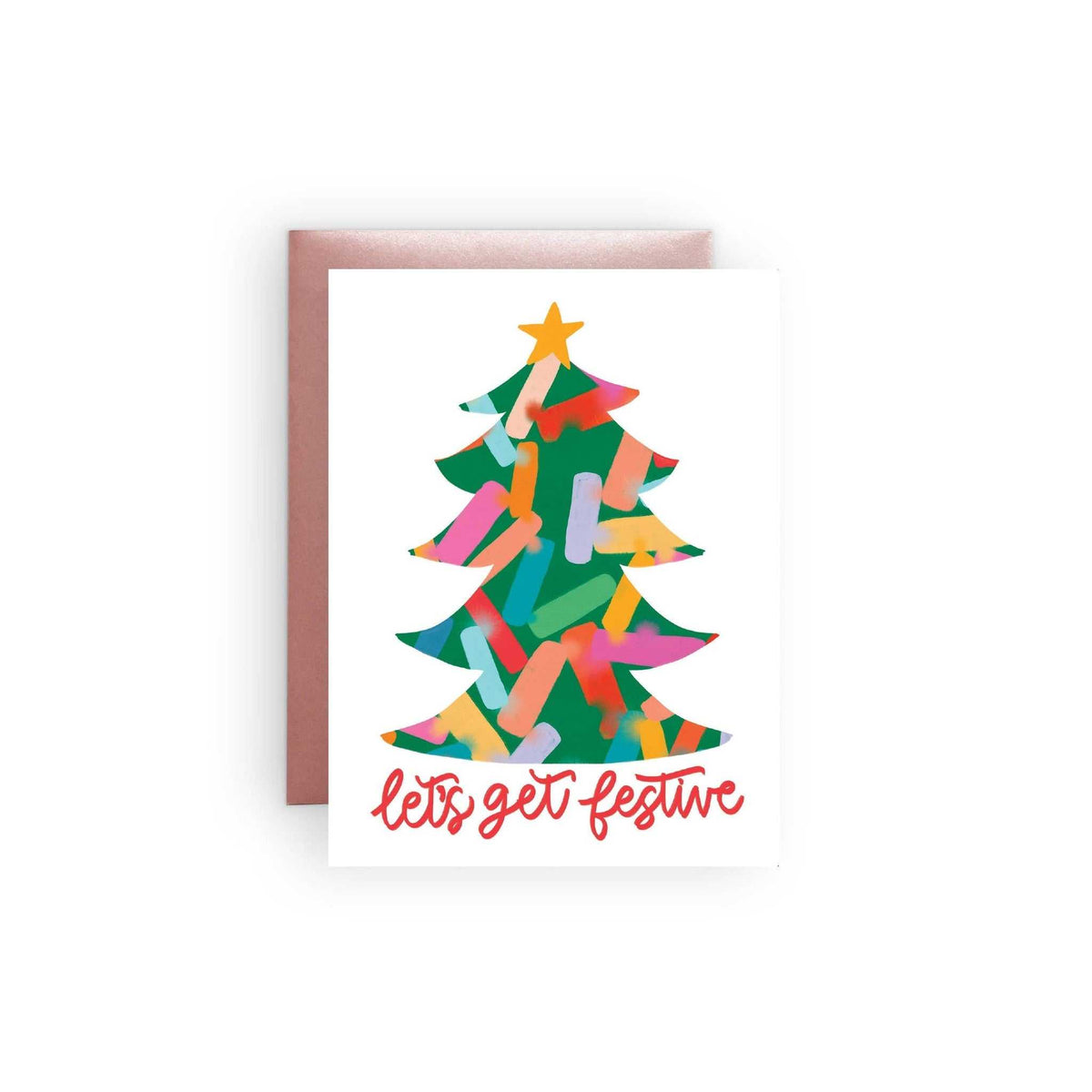 Festive Tree Card with colorful Christmas tree and "let's get festive" text, A2 size with pink lustre envelope.