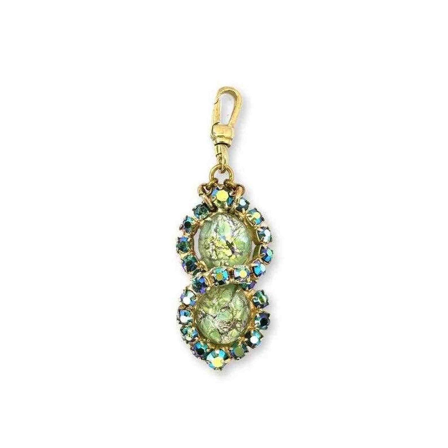 Vintage green rhinestone charm with iridescent blue stones and raw brass swivel clasp