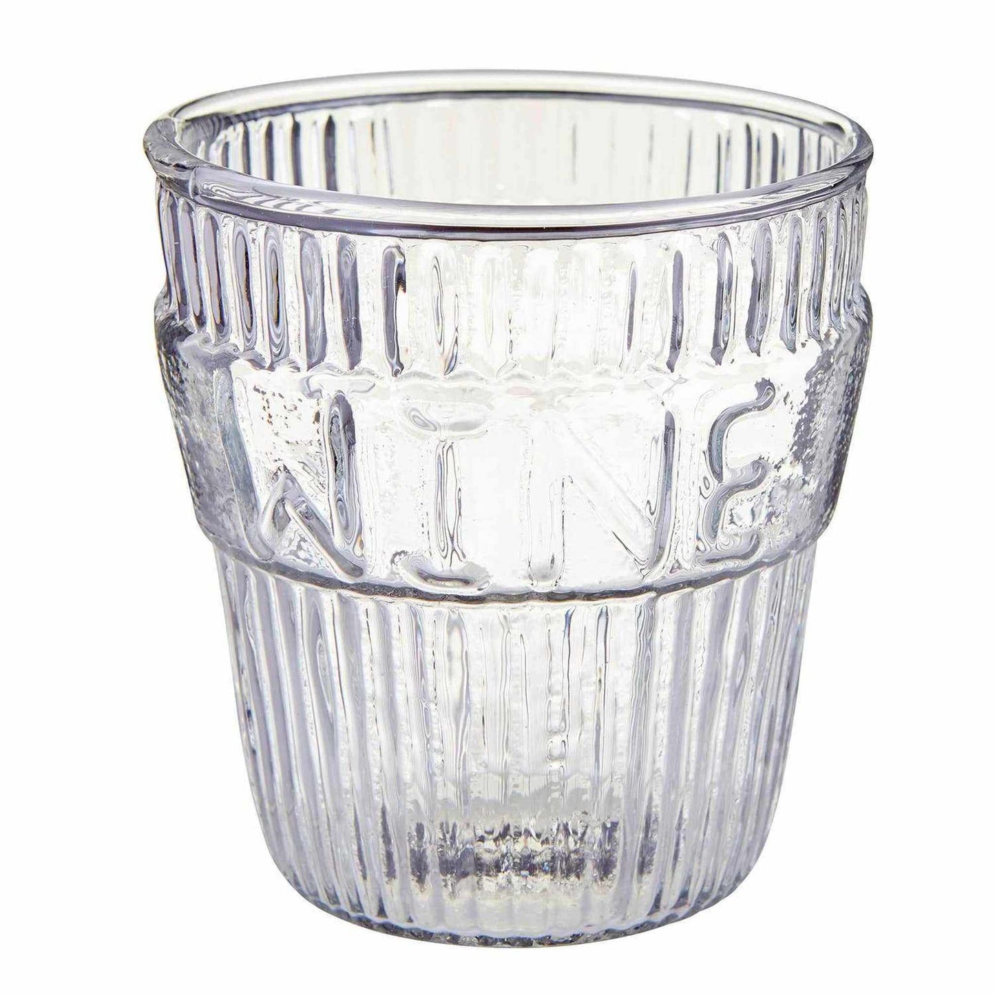 Clear ribbed glass Vino/Wine table glass with embossed wine text, 9 oz capacity