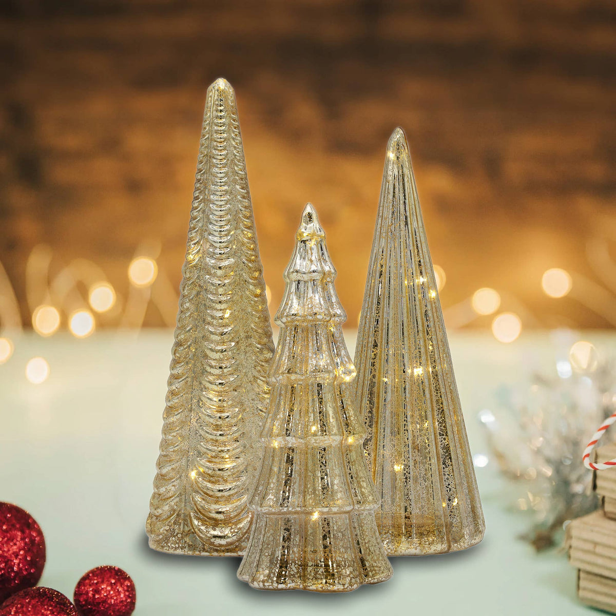 
                  
                    Battery-Operated Gold Mercury Trees, Set of 3 - Curated Home Decor
                  
                