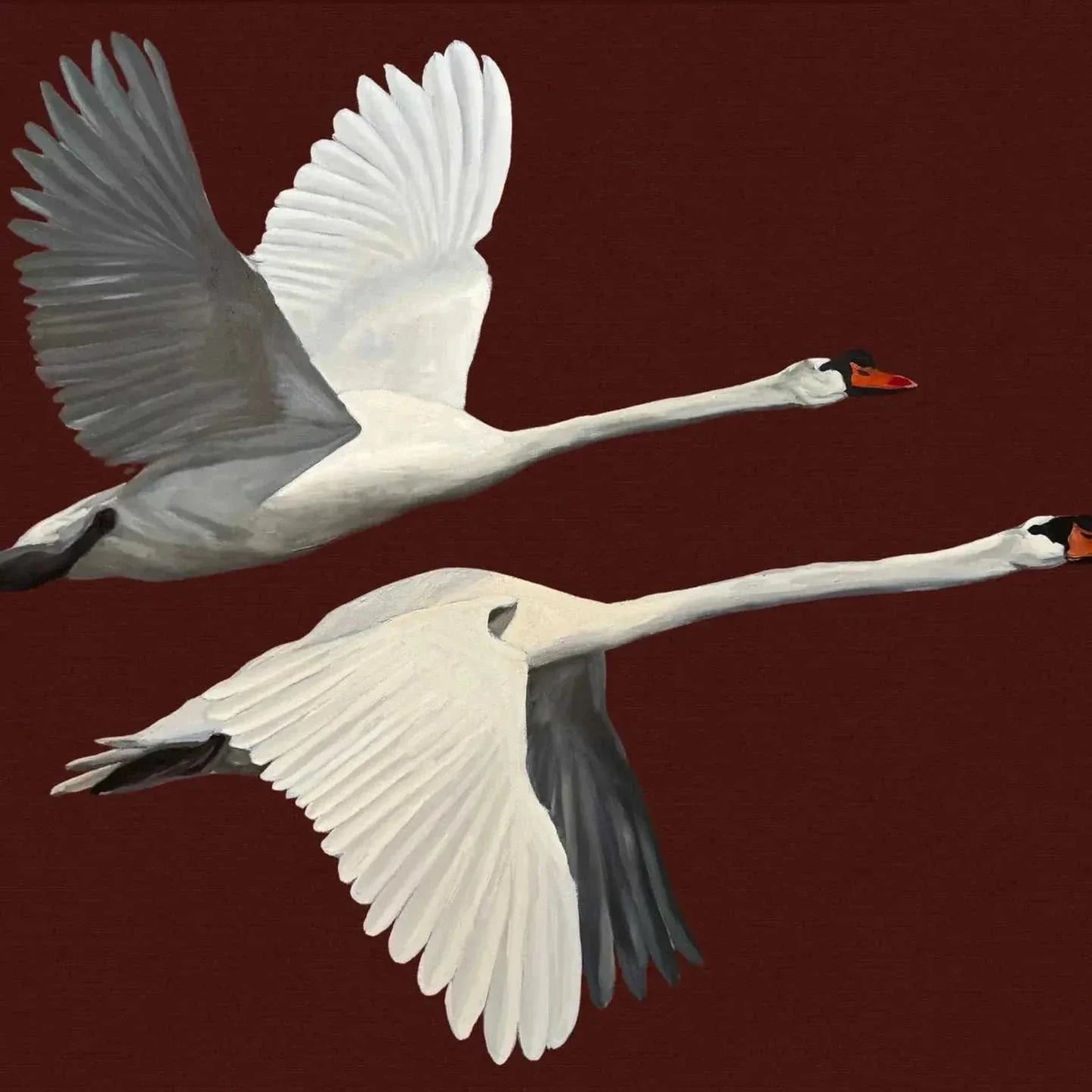 Way of Swans art print featuring two elegant swans in flight against a rich earthy background.