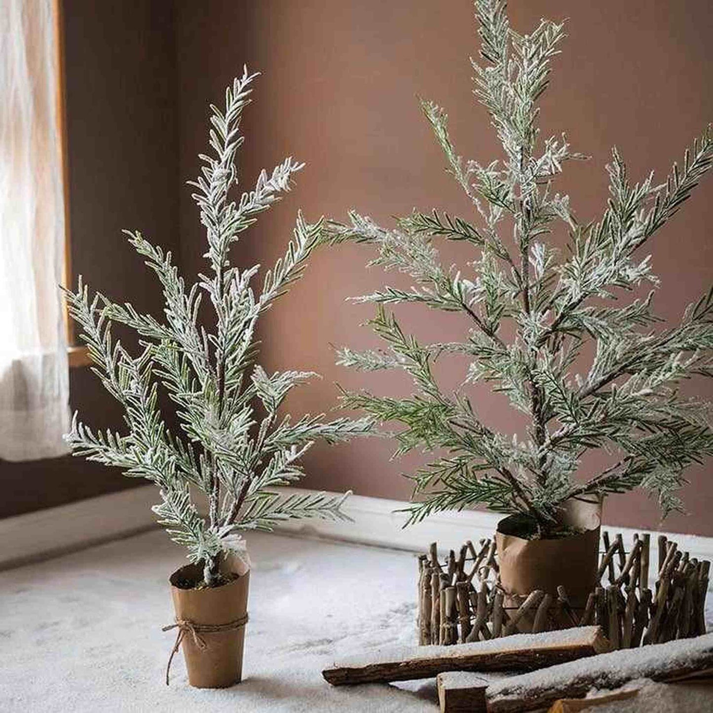 Cedar Fir Tree with snow flocking in kraft paper pot indoor Christmas decor