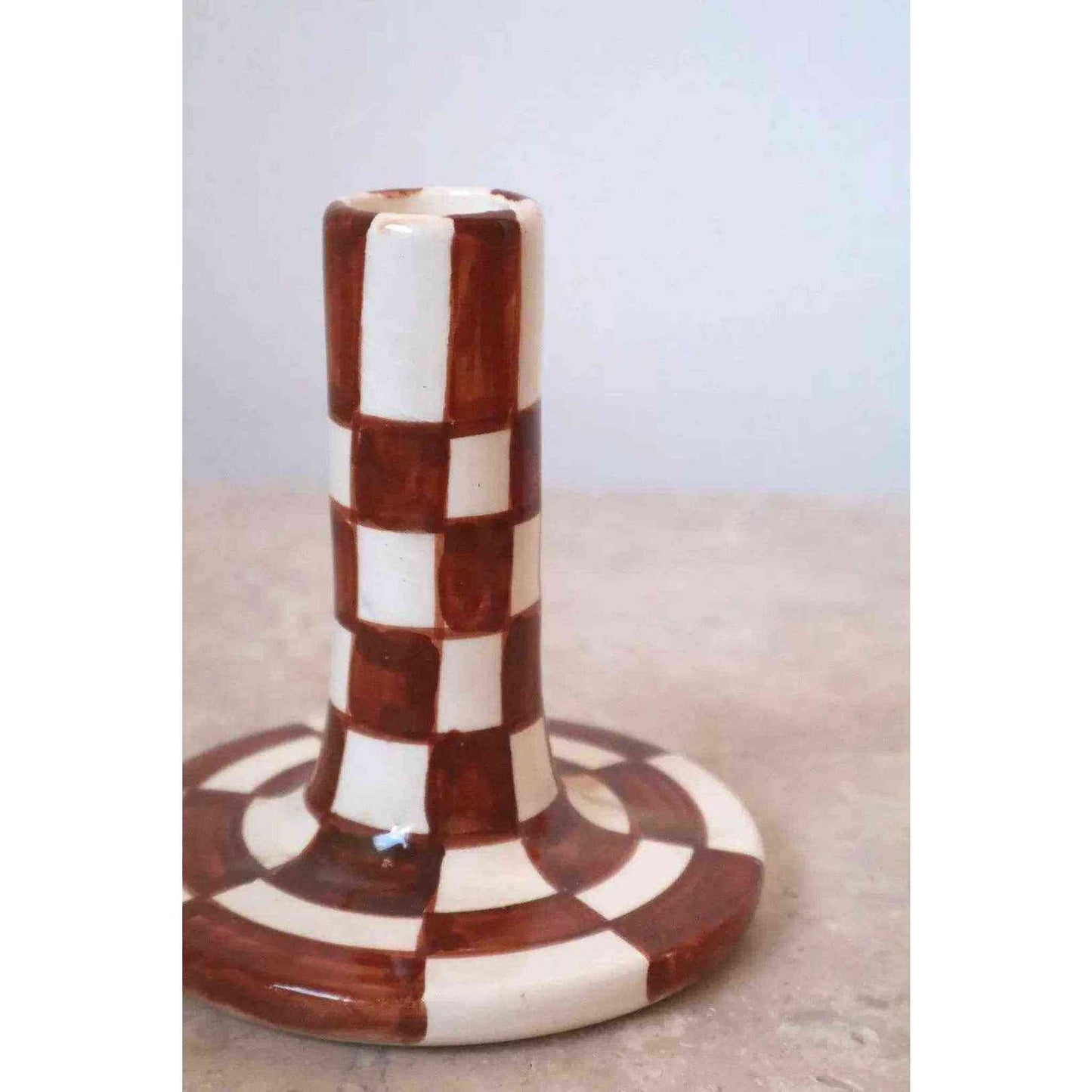 
                  
                    Handmade Ceramic Candle Holders in Brown and White Checkered Design - Curated Home Decor
                  
                