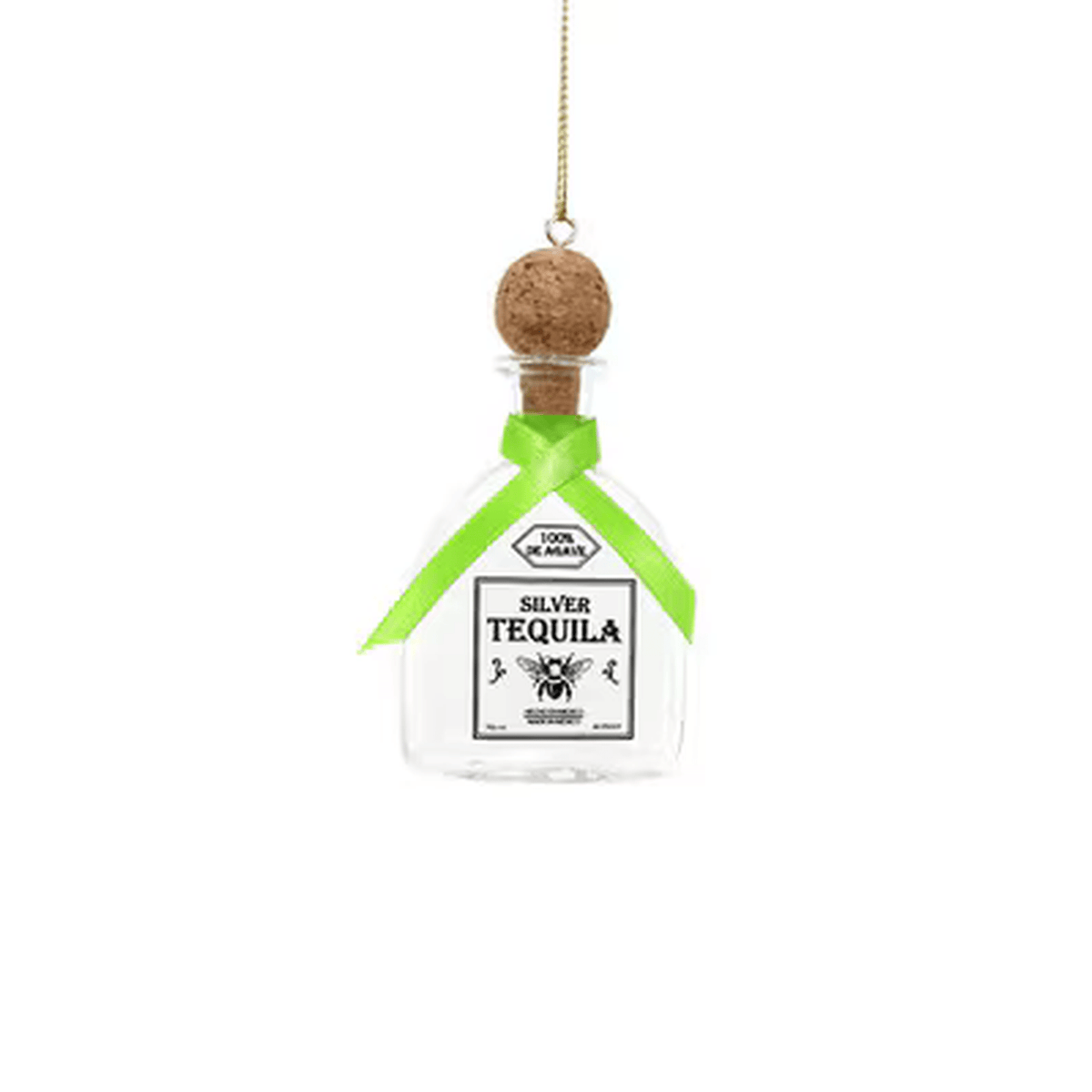
                  
                    Glass tequila bottle ornament with cork stopper and green ribbon hanging decoration
                  
                