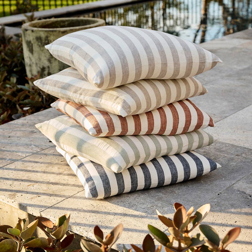 Santi Outdoor Linen Cushion Cover in "White with Nutmeg Stripe"