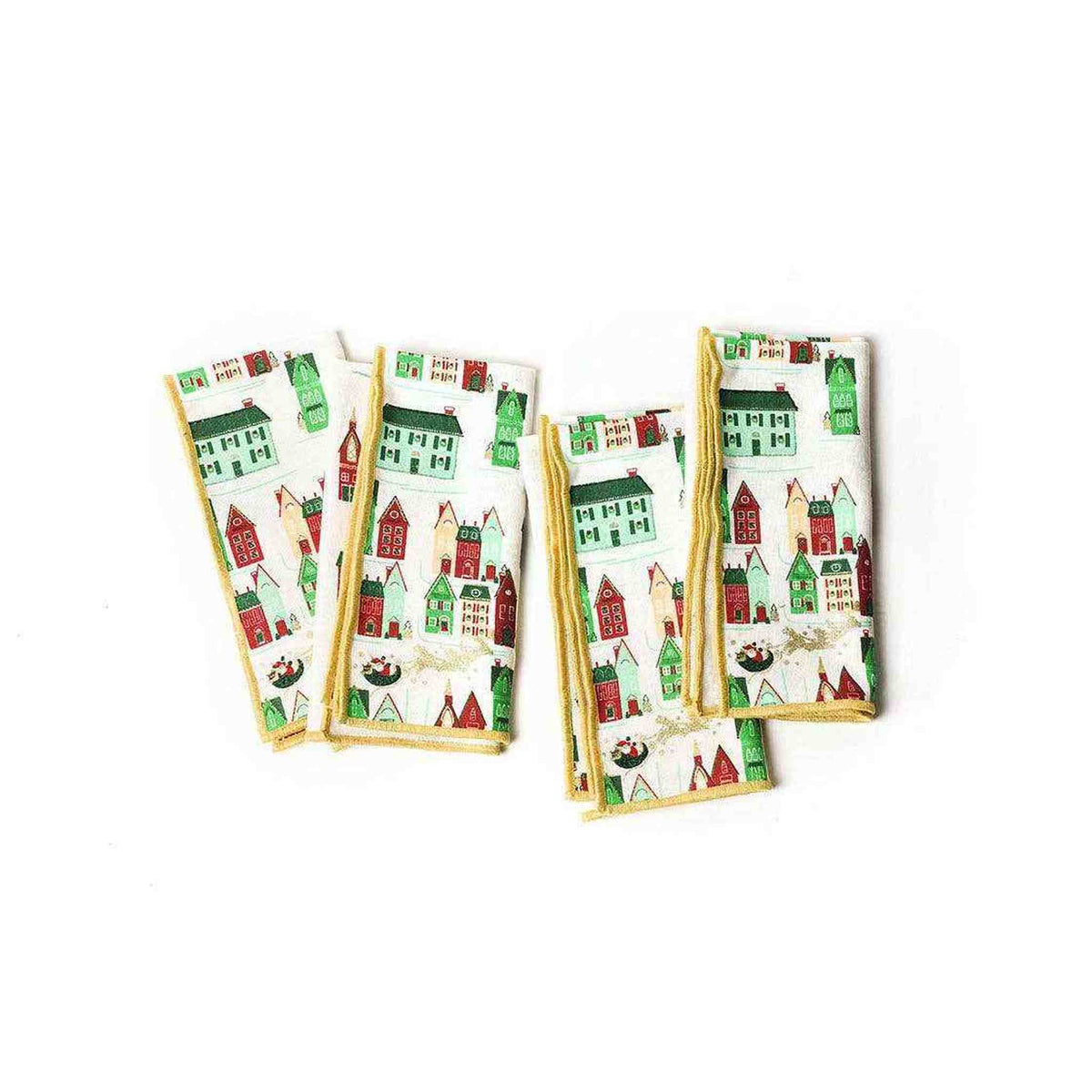
                  
                    Set of four Flying Santa Dinner Napkins with 1950s house pattern and gold stitched border, 18-inch linen fabric.
                  
                