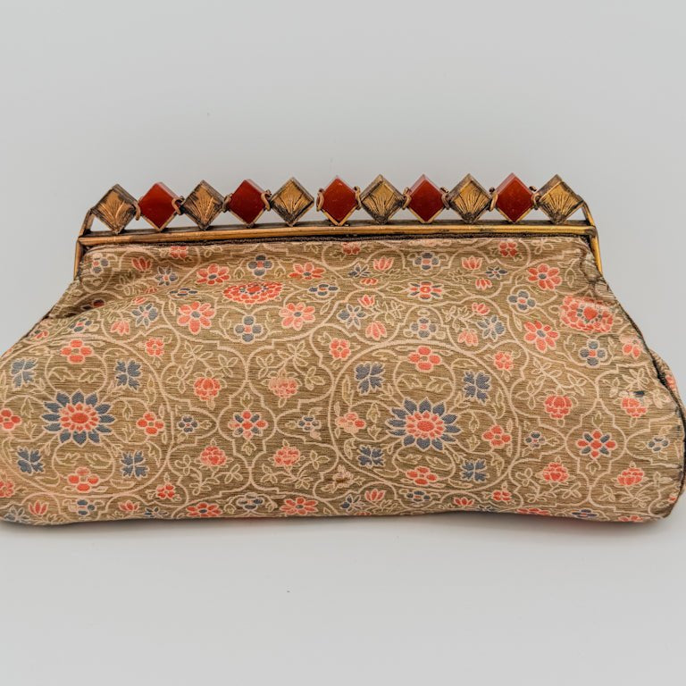 Circa 1930s French Silk Brocade Evening Clutch | Gilt Brass & Carnelian Glass Frame - Curated Home Decor