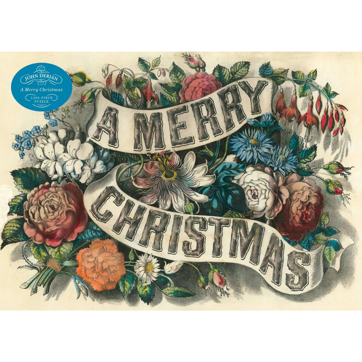 John Derian Paper Goods Merry Christmas 1,000-piece puzzle featuring colorful vintage holiday floral bouquet design