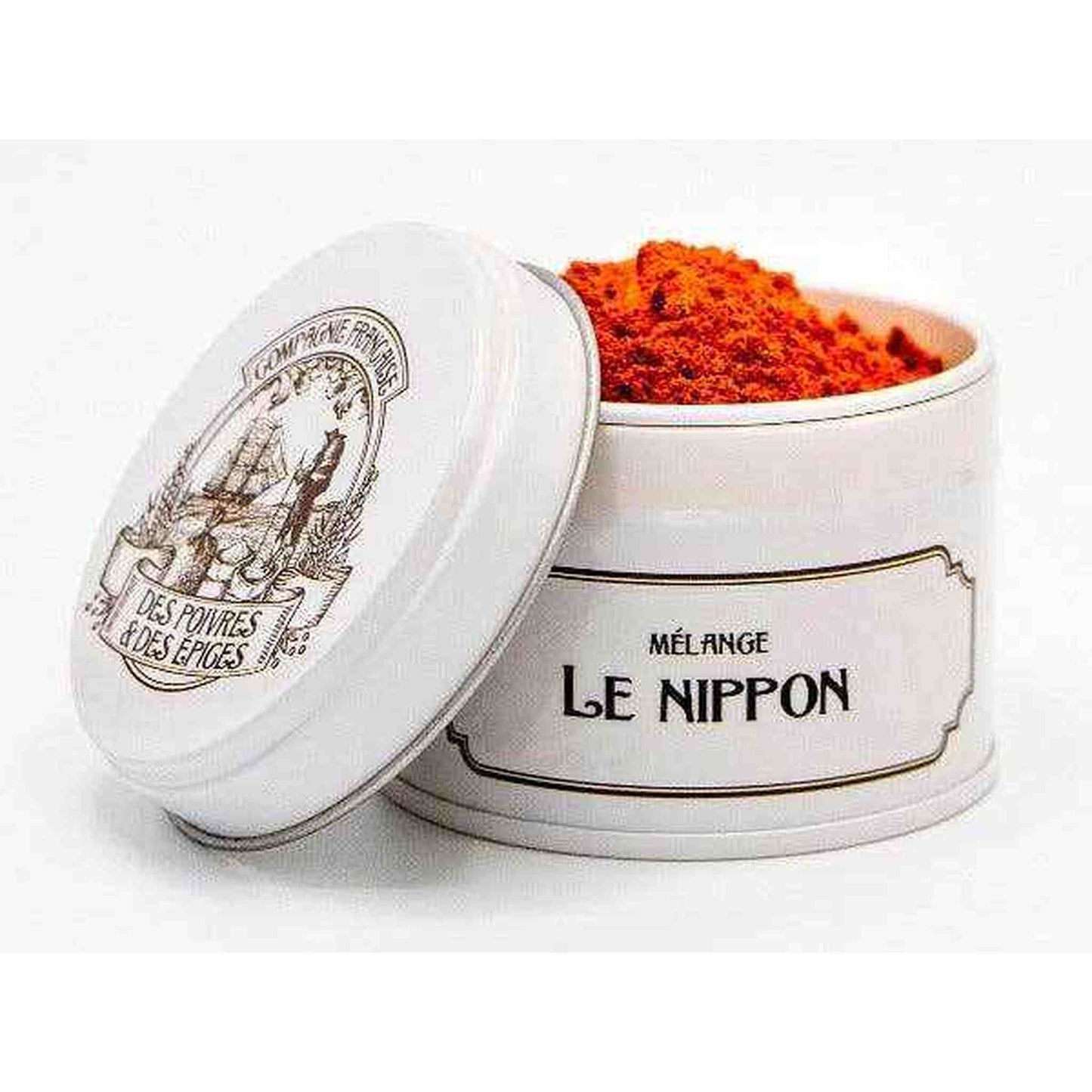 Nippon Blend Japanese spice mix in white tin with red powder for sauces and marinades