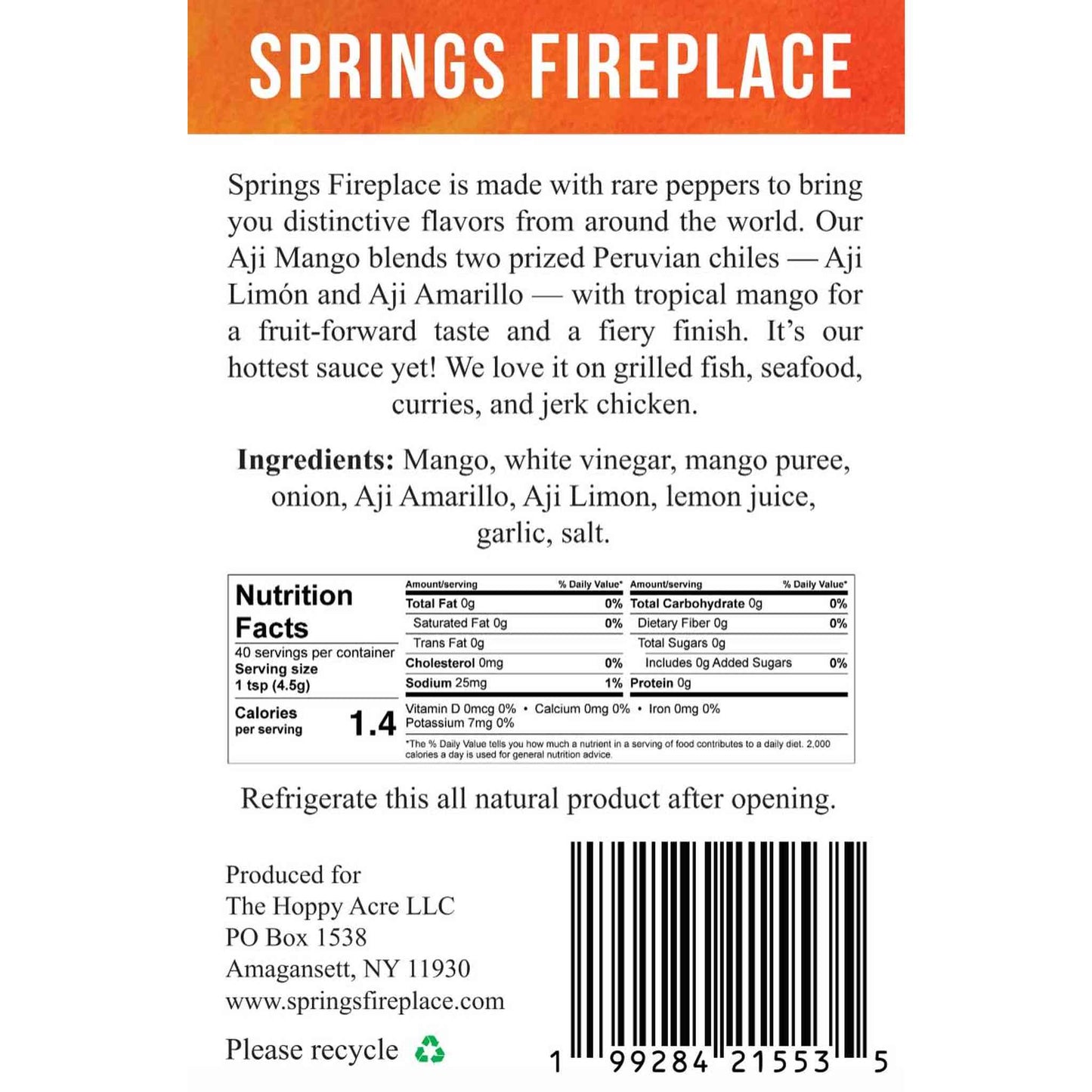 Aji Mango hot sauce with Peruvian chiles and tropical mango in 6.7oz bottle