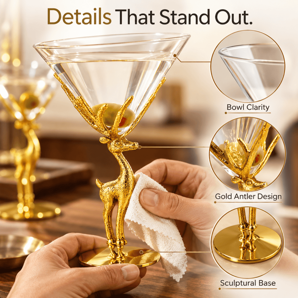 
                  
                    Golden Standing Stag Martini Glasses, Set of 2 - Curated Home Decor
                  
                