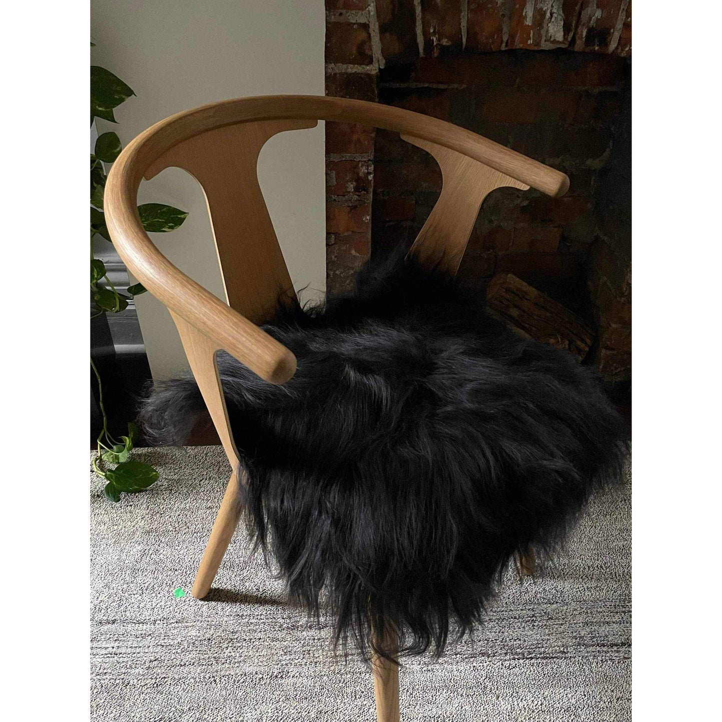Black Icelandic sheepskin chair pad on wooden chair with black and brown hues