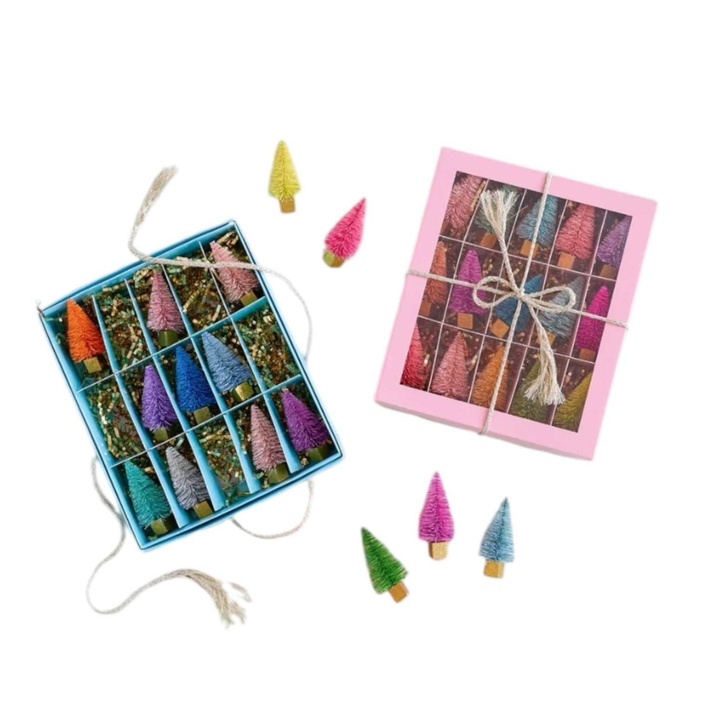 Glitterville Rainbow Sisal Tree boxed set with 15 hand-dyed 3.25 inch colorful sisal trees in gift boxes
