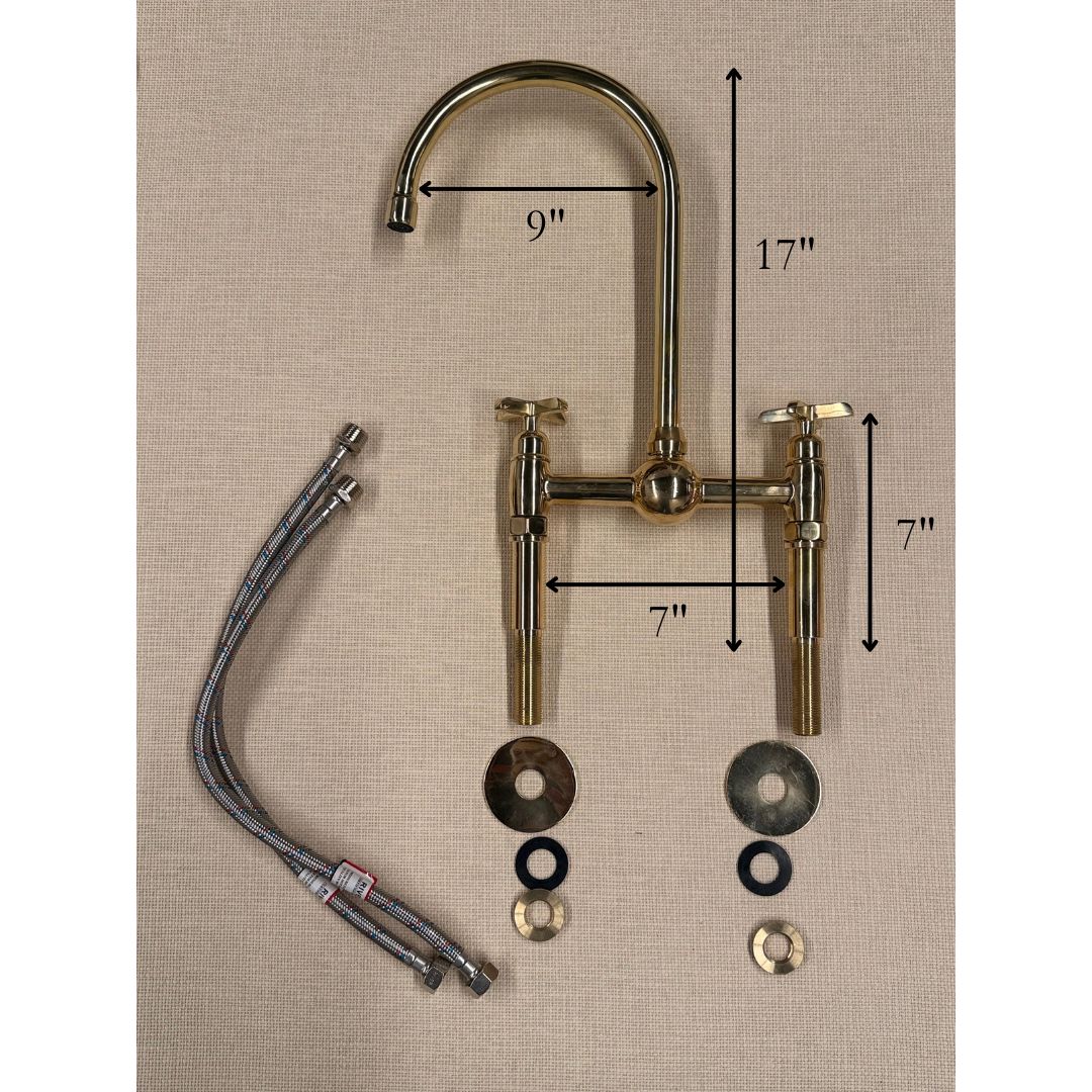 Solid Brass Bridge Faucet, Antique Brass Kitchen Faucet, 8 inches