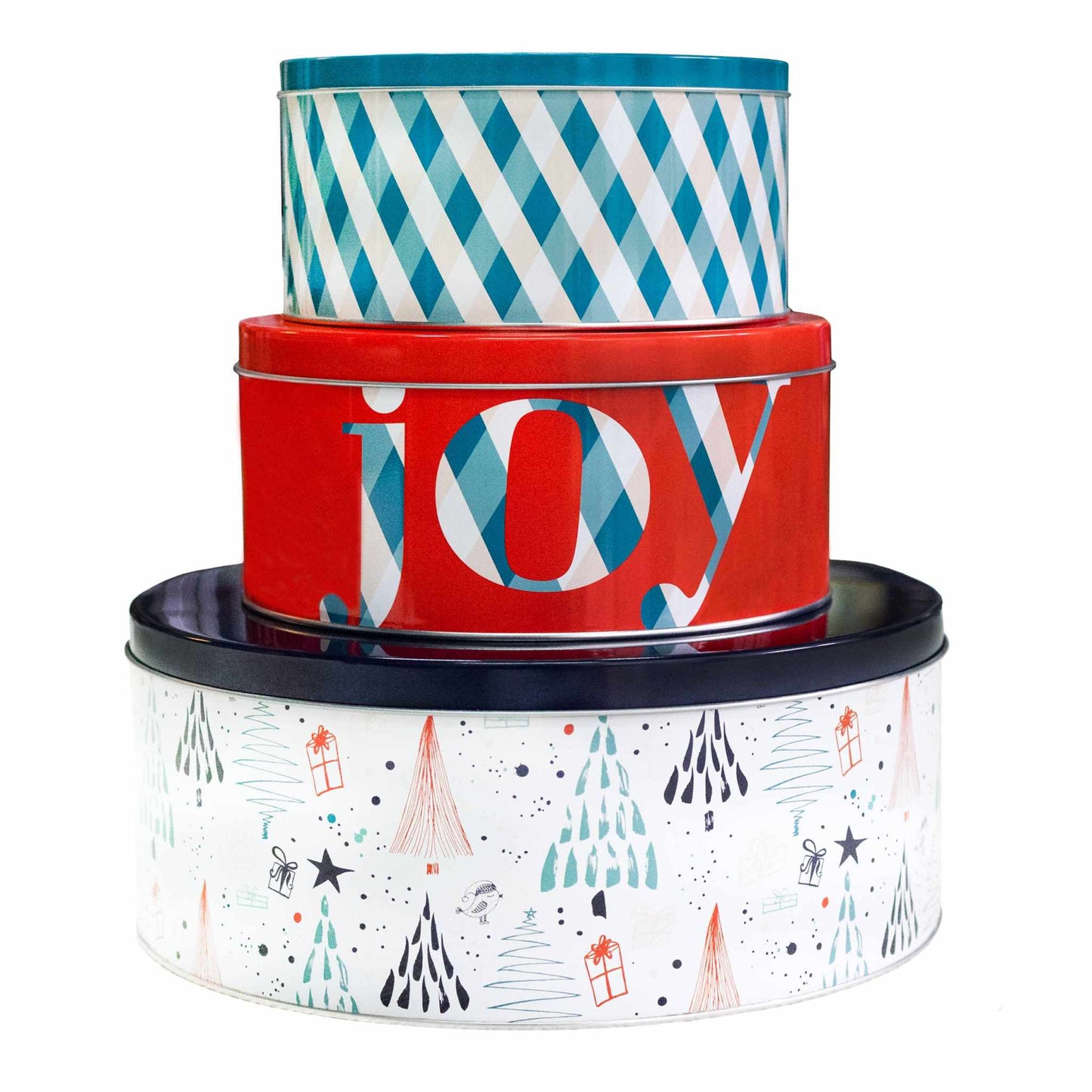 Set of 3 festive cookie tins with holiday patterns and tight-sealing lids for freshness