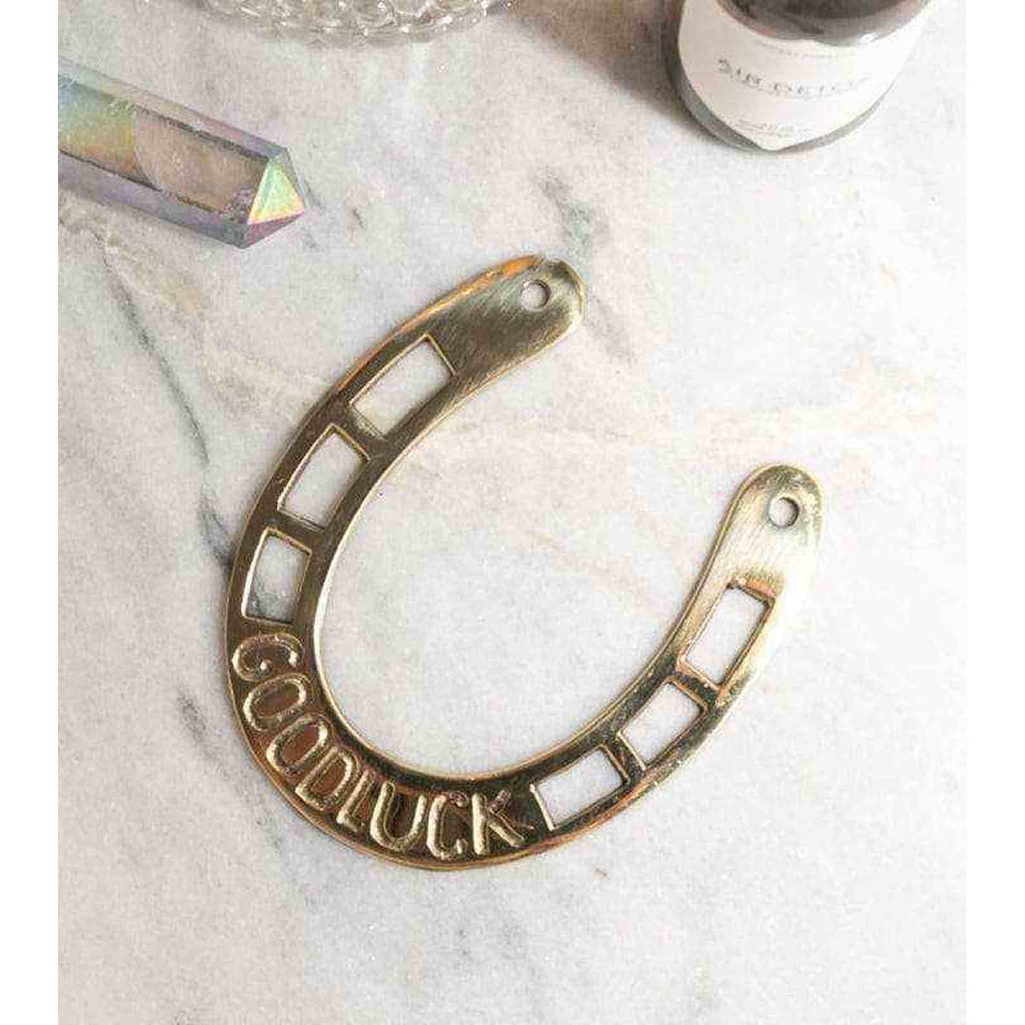 Get Lucky Gold Horseshoe brass good luck charm with "GOOD LUCK" engraving for home decor or gift