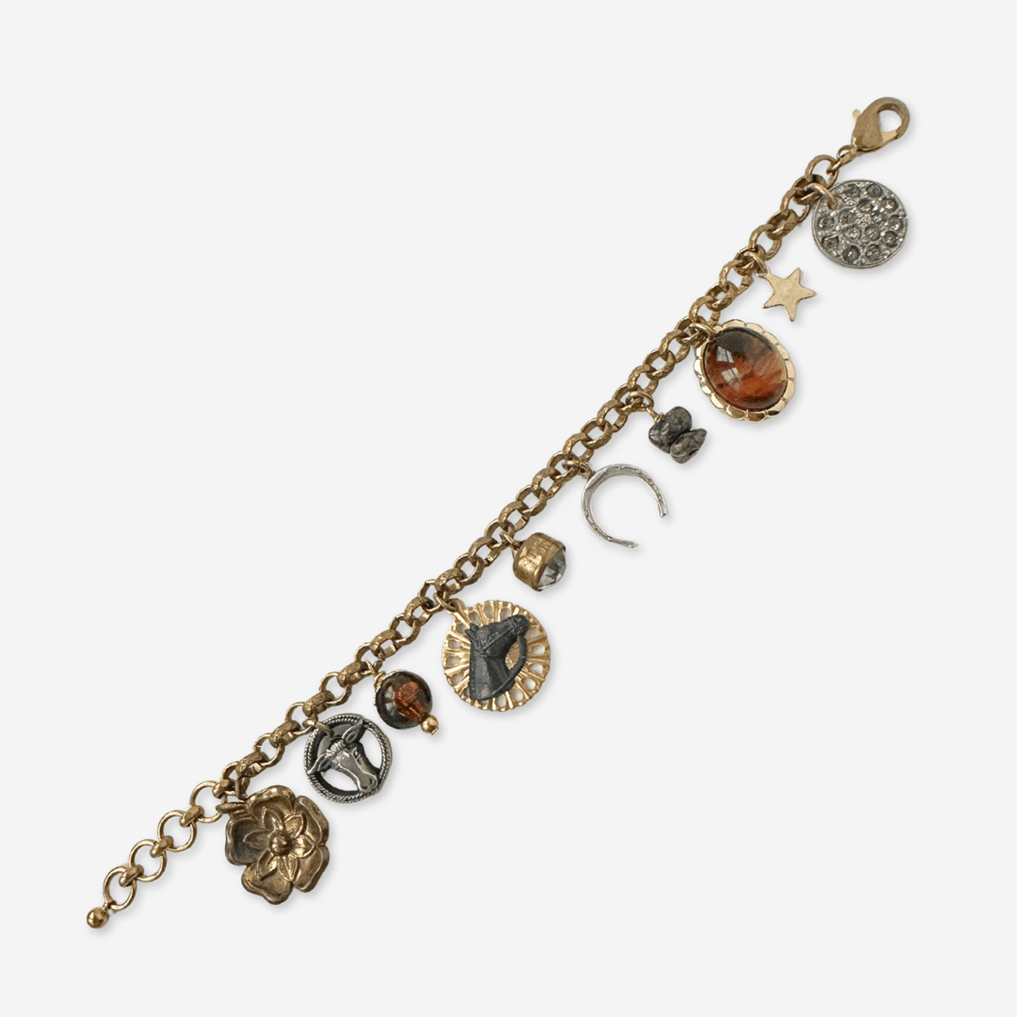 Repurposed vintage western-themed charm bracelet with brass chain and lobster clasp