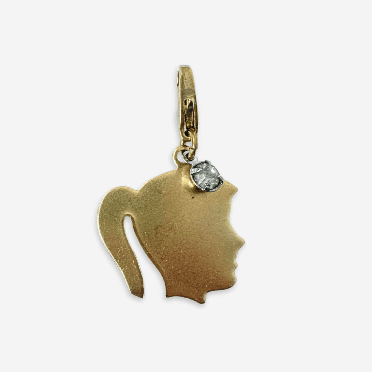Brass girl silhouette charm with vintage clear rhinestone and lobster claw clasp