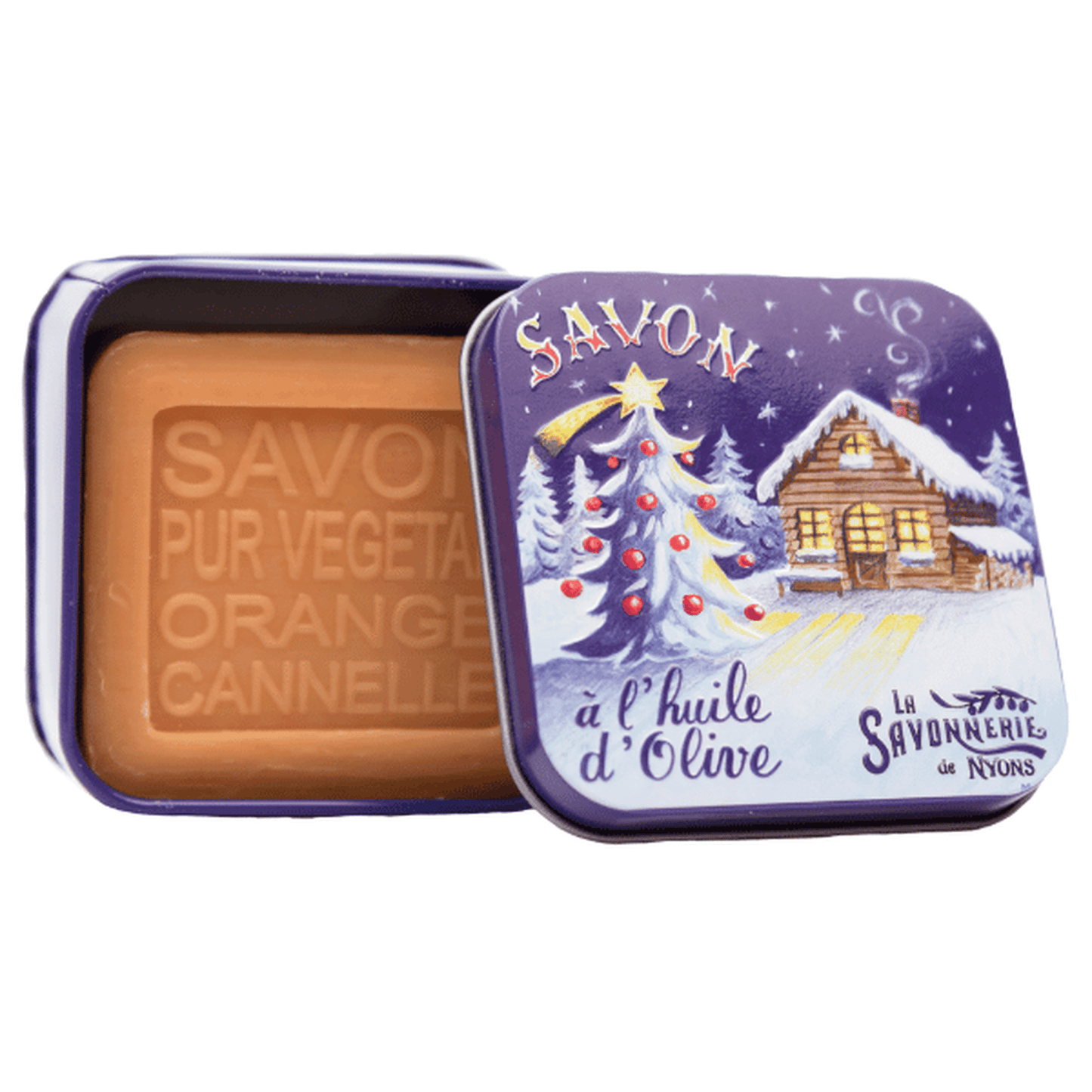 La Savonnerie de Nyons Christmas Chalet Soap Tin with orange-cinnamon soap and vintage holiday design