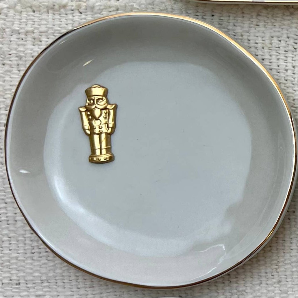 Christmas Round Gold Accent Dish: Grey with Nutcracker - Curated Home Decor