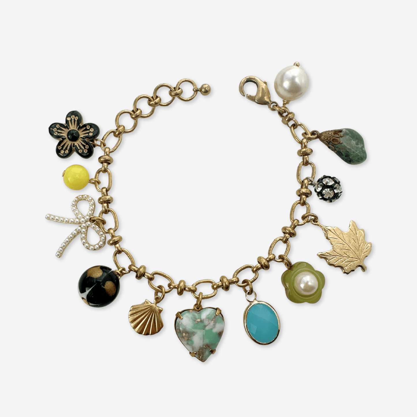 Repurposed vintage multicolor charm bracelet with brass chain and lobster clasp