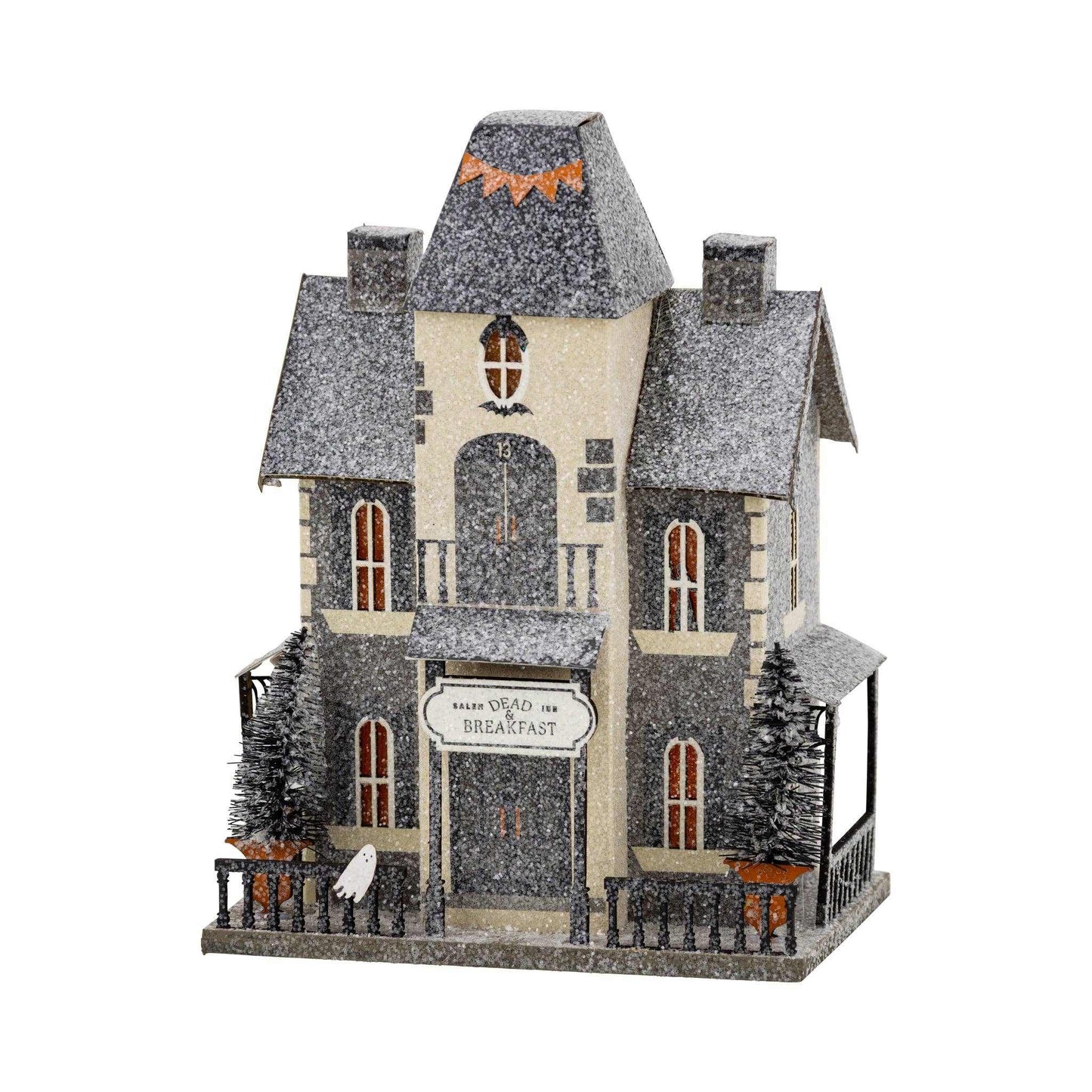 Haunted Village Decor Dead & Breakfast spooky Halloween house with ghost and eerie details, battery lit