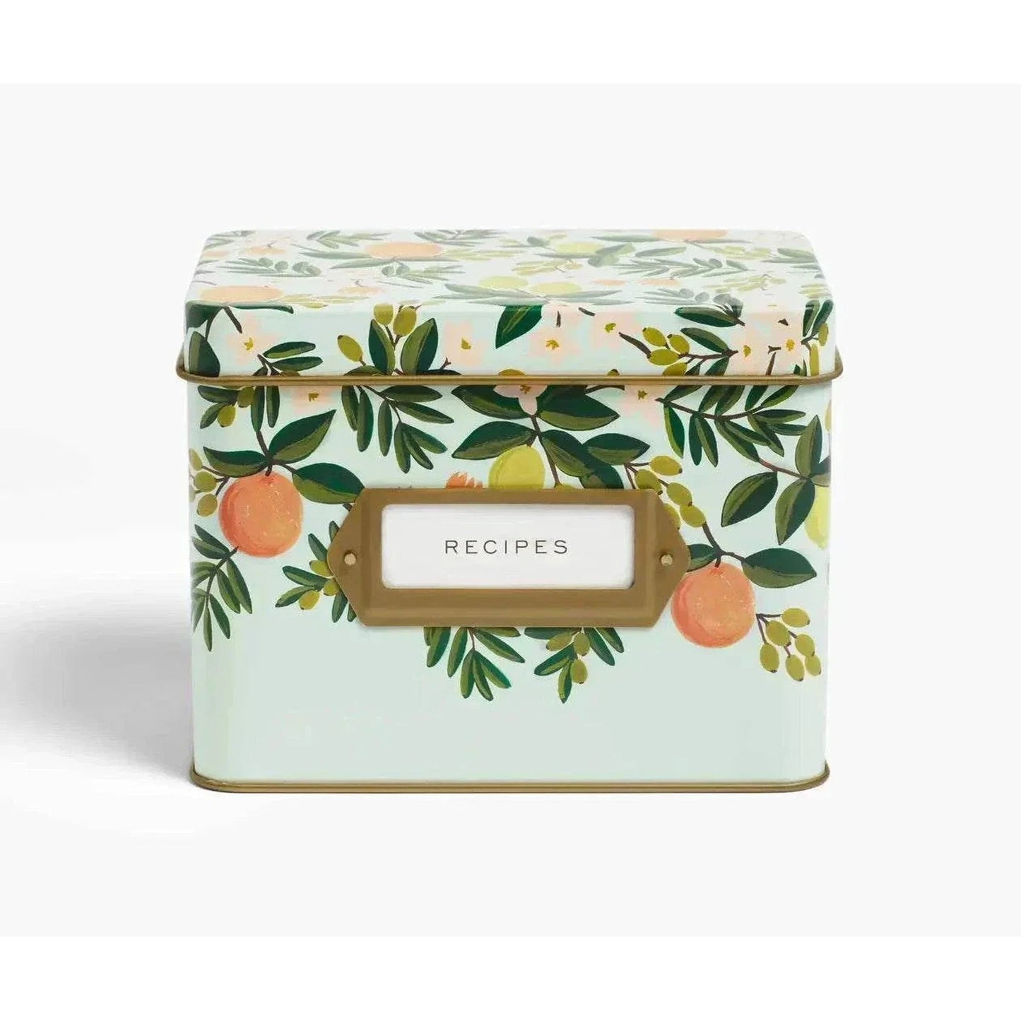 Citrus Floral Tin Recipe Box with gold label and orange fruit design for kitchen organization
