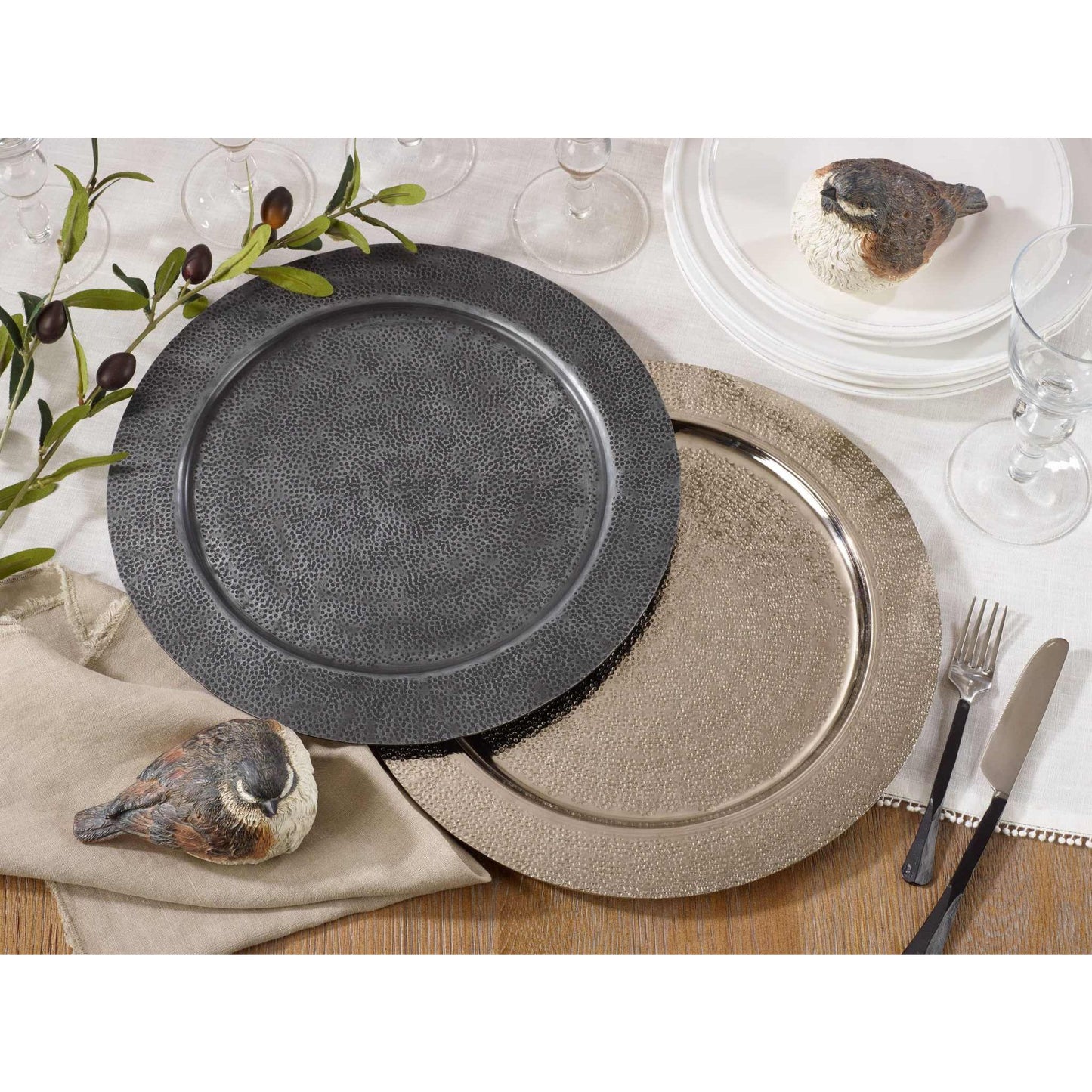 Graphite hammered charger plate with textured finish and versatile 13-inch design for elegant table settings