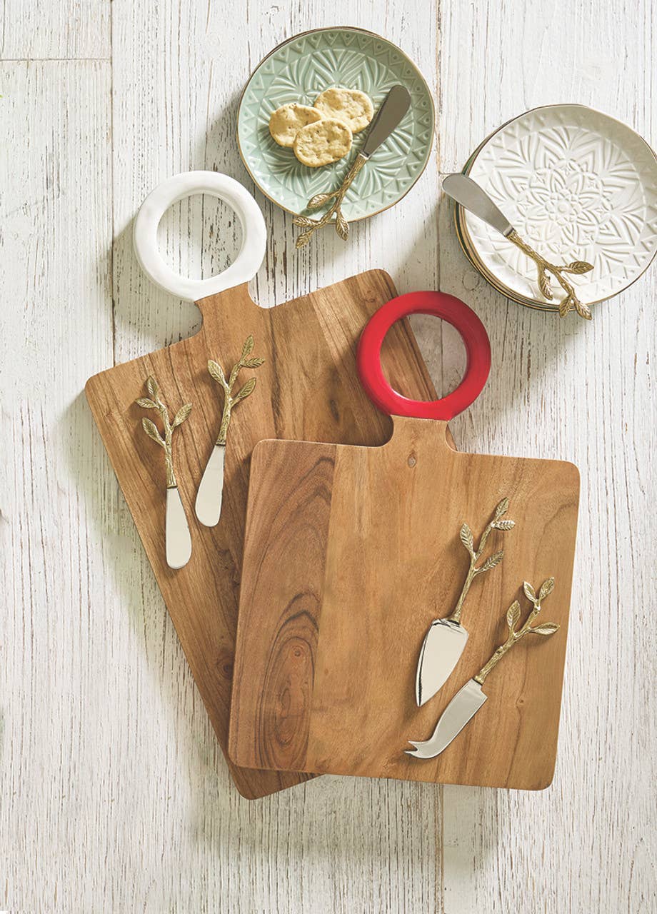 
                  
                    Small Acacia Wood Serving Board with Red Enamel Handle - Curated Home Decor
                  
                