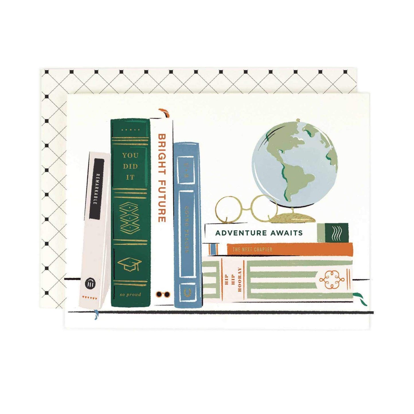 Elegant graduation card with gold foil accents on warm white paper, featuring books for the graduate design.