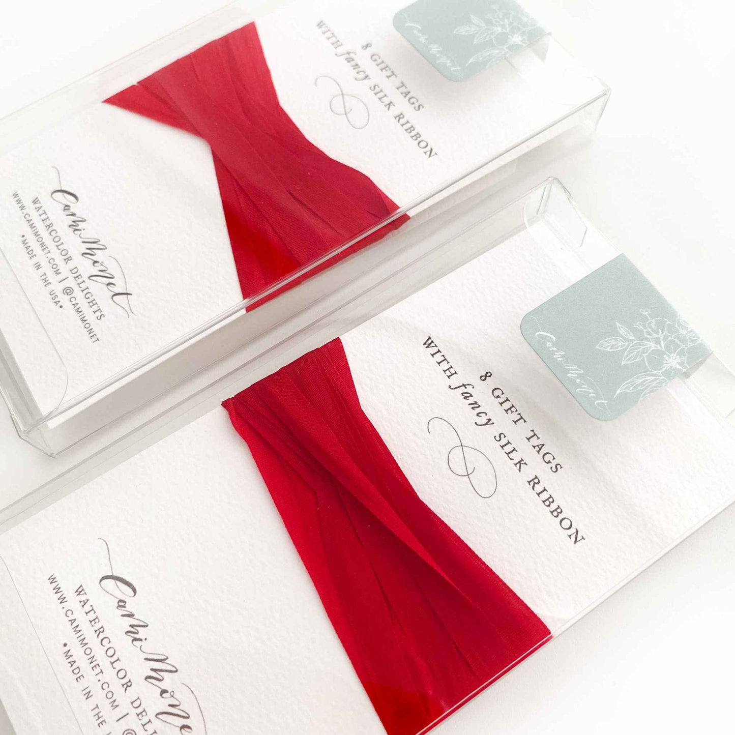 The Perfect Tree Christmas Gift Tags set with 8 watercolor texture tags and red silk ribbon in clear packaging