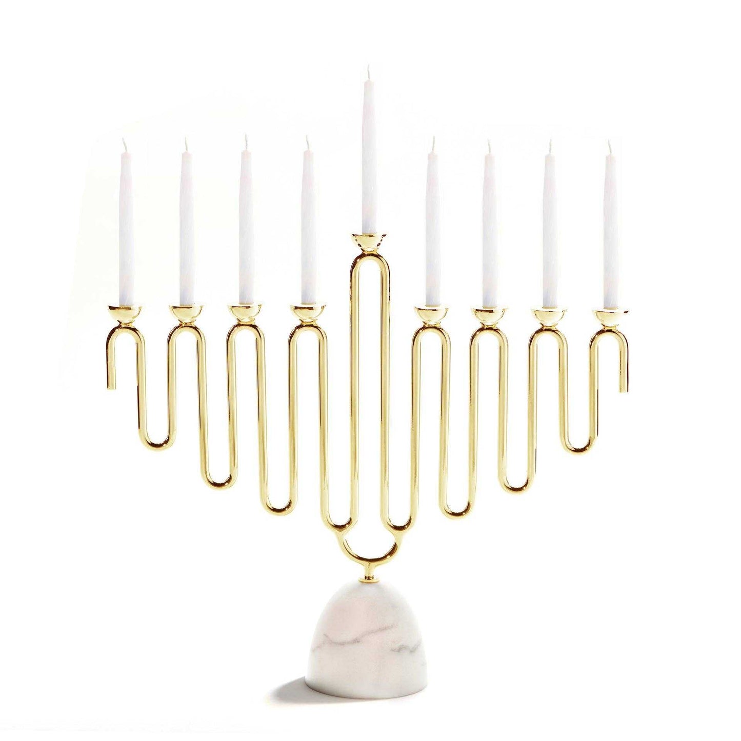Coluna Menorah with gold frame and Carrara marble base holding white candles