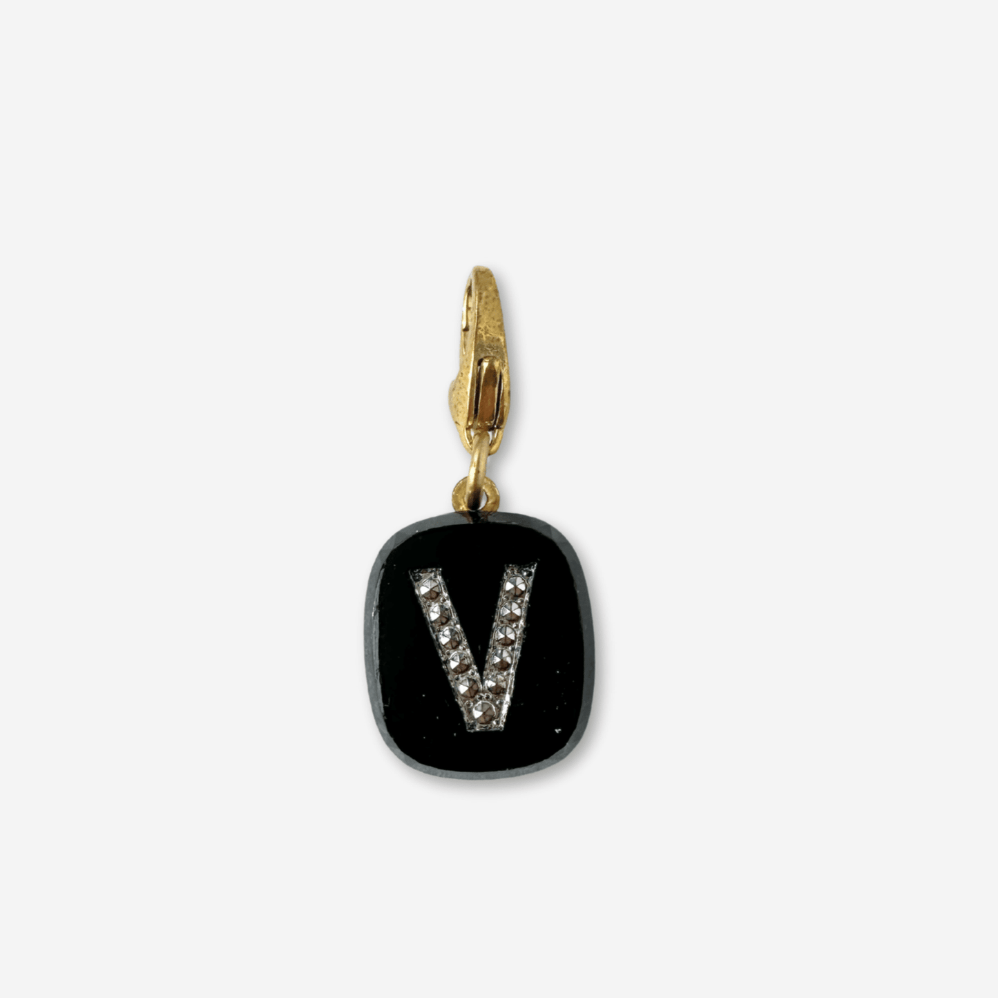 Vintage black glass letter V charm with silver marcasite and brass lobster clasp