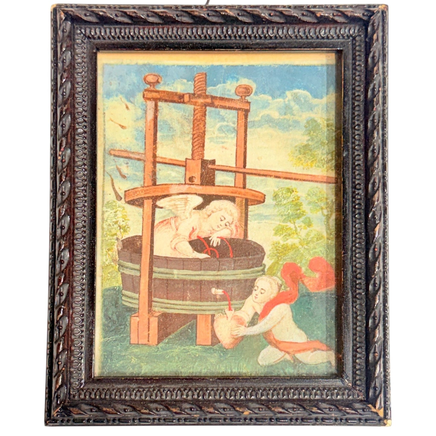 Antique Framed Winepress Print in Carved Wood Frame - Curated Home Decor