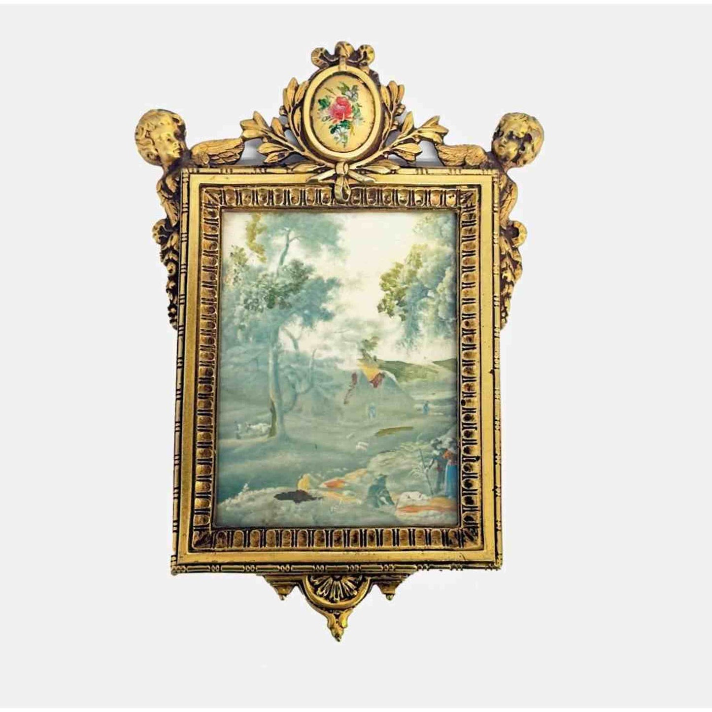19th-Century pastoral landscape oil painting of figures by stream under trees in ornate gilt frame