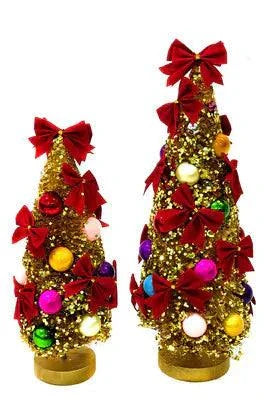 Tinsel Town Tree small and medium tinsel Christmas trees decorated with red bows and colorful ornaments