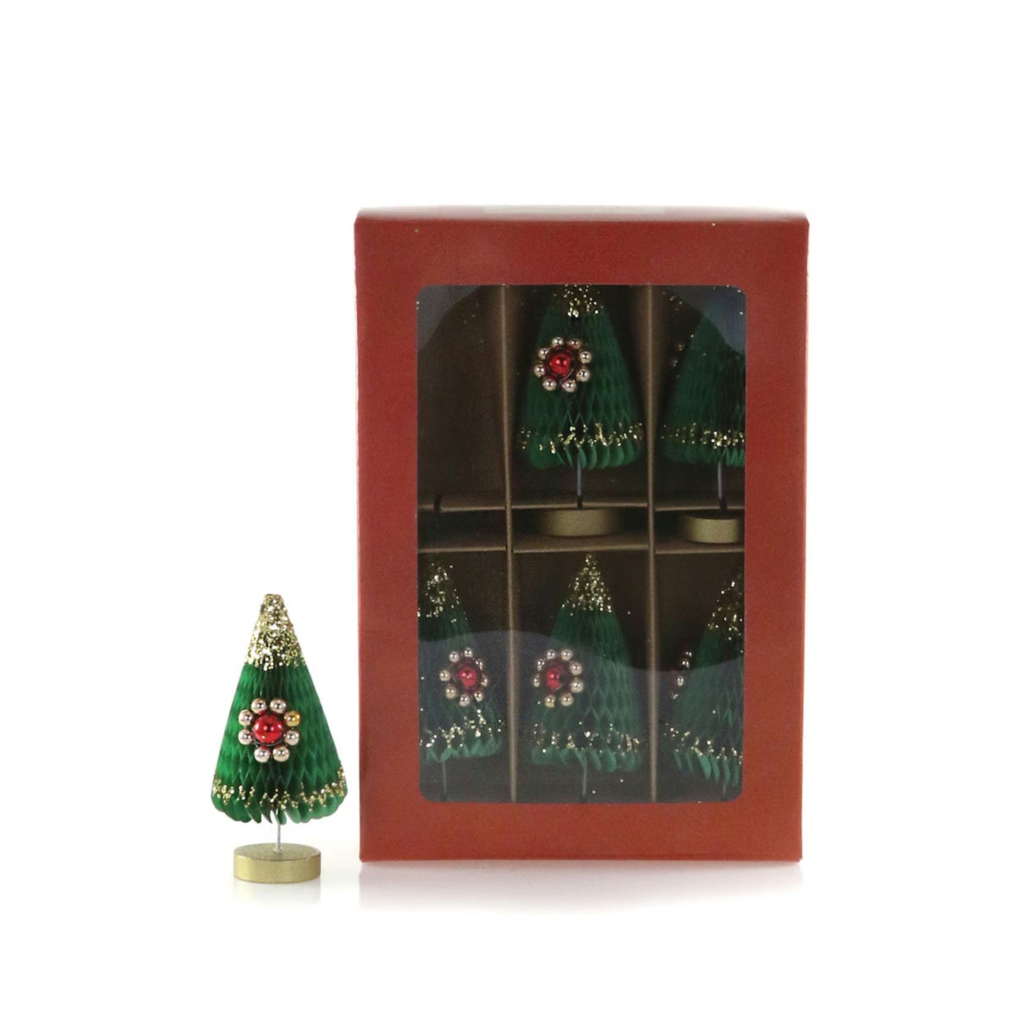 Set of 6 hand-finished honeycomb Christmas trees in a red box with festive decorations