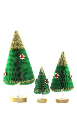 Set of 3 green honeycomb trees with gold tops and red floral accents for holiday décor