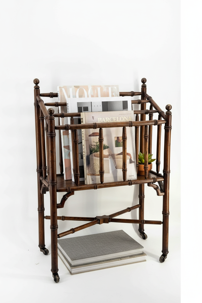 Vintage rolling faux bamboo wooden magazine rack with wheels and multiple compartments for storage