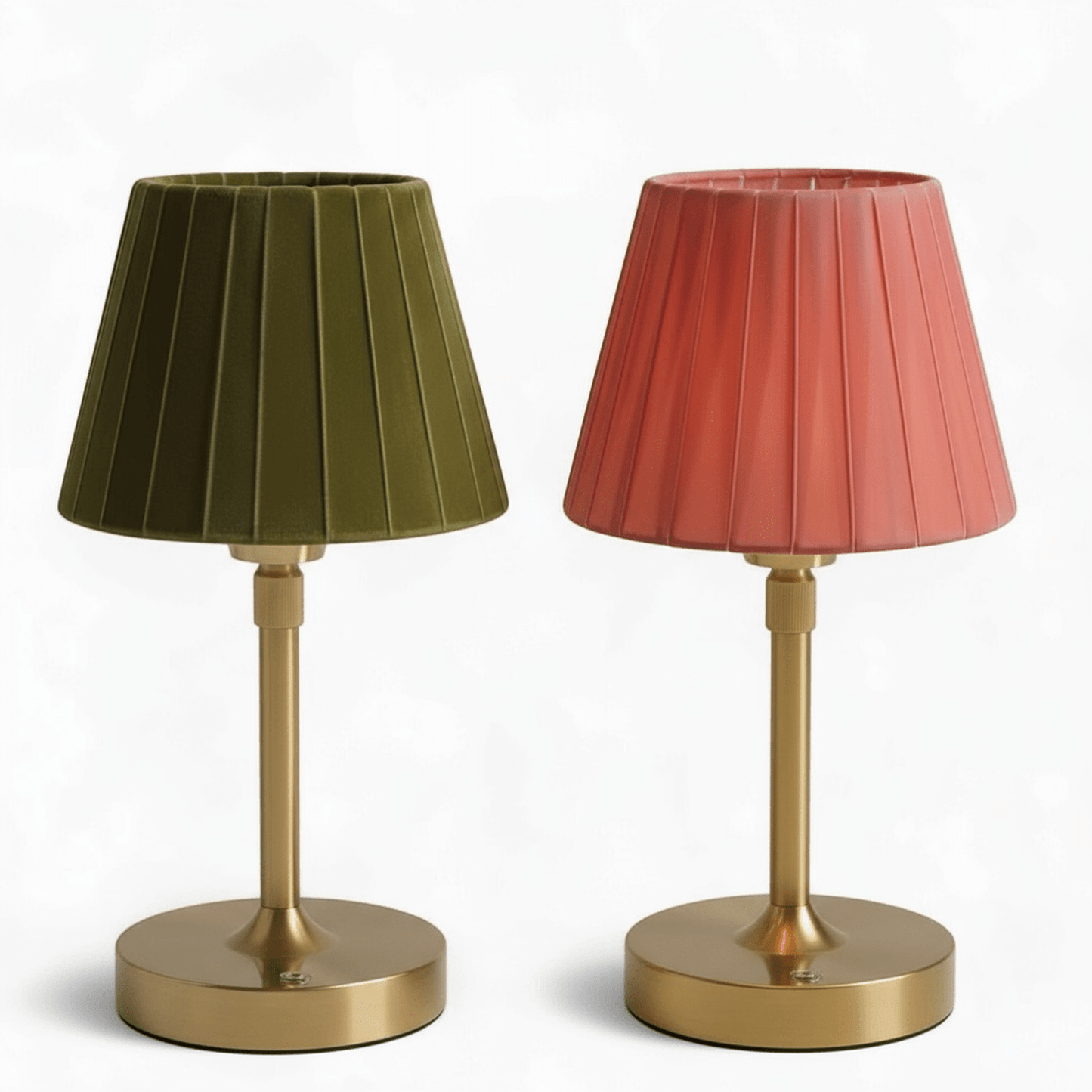 Velvet pleated cordless table lamps with olive and rose shades and brushed brass bases