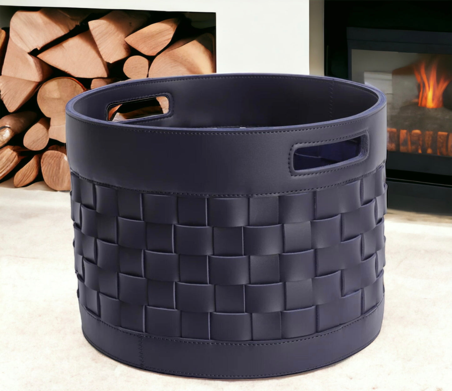 Woven Round Leather Basket Navy