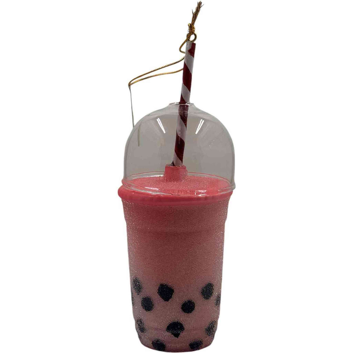 
                  
                    Pink boba tea ornament with black pearls and striped straw holiday decoration
                  
                