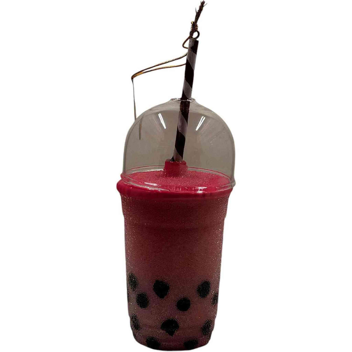 
                  
                    Boba tea ornament in pink with black tapioca pearls and striped straw holiday decoration
                  
                