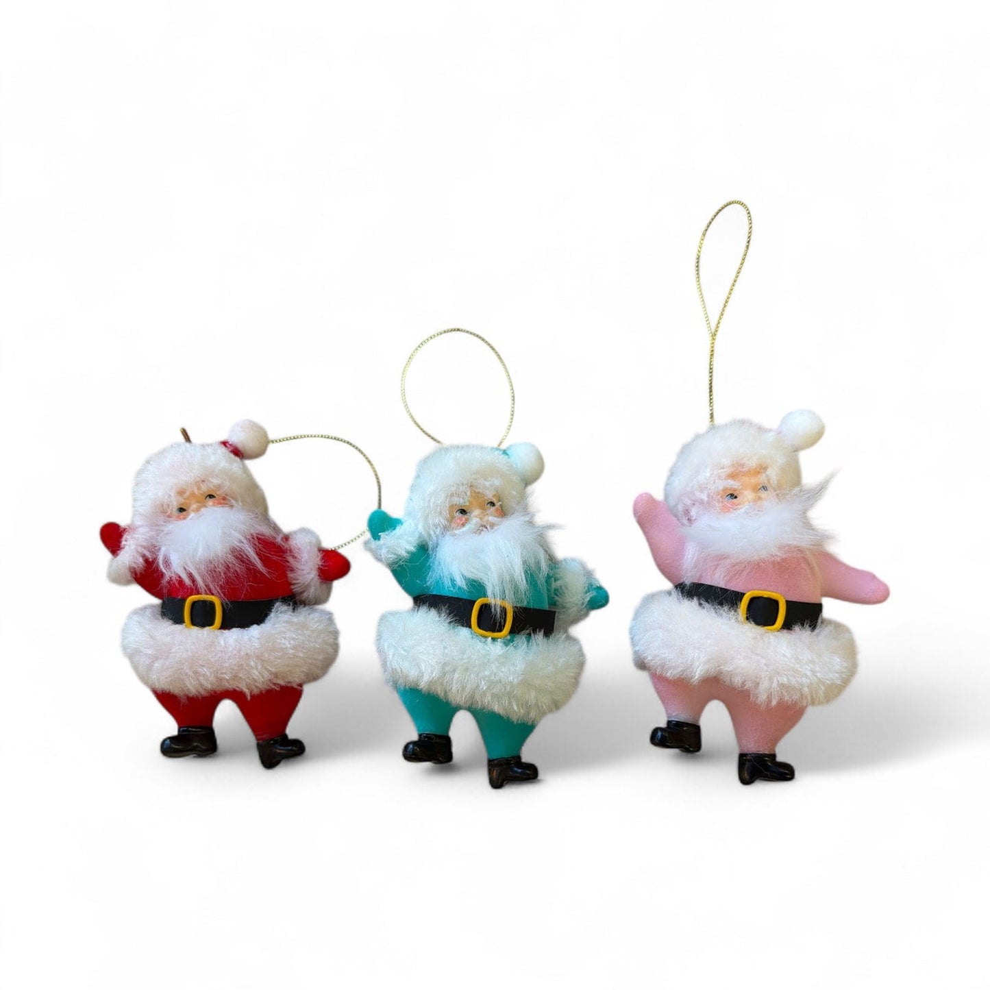 Retro flocked Santa ornaments in teal, red, and pink with white faux fur trim and gold hanging cords