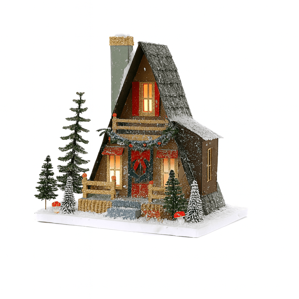 
                  
                    Glittered A-Frame Cabin Christmas village house with pre-lit windows and snowy bottle-brush trees by Cody Foster Co.
                  
                