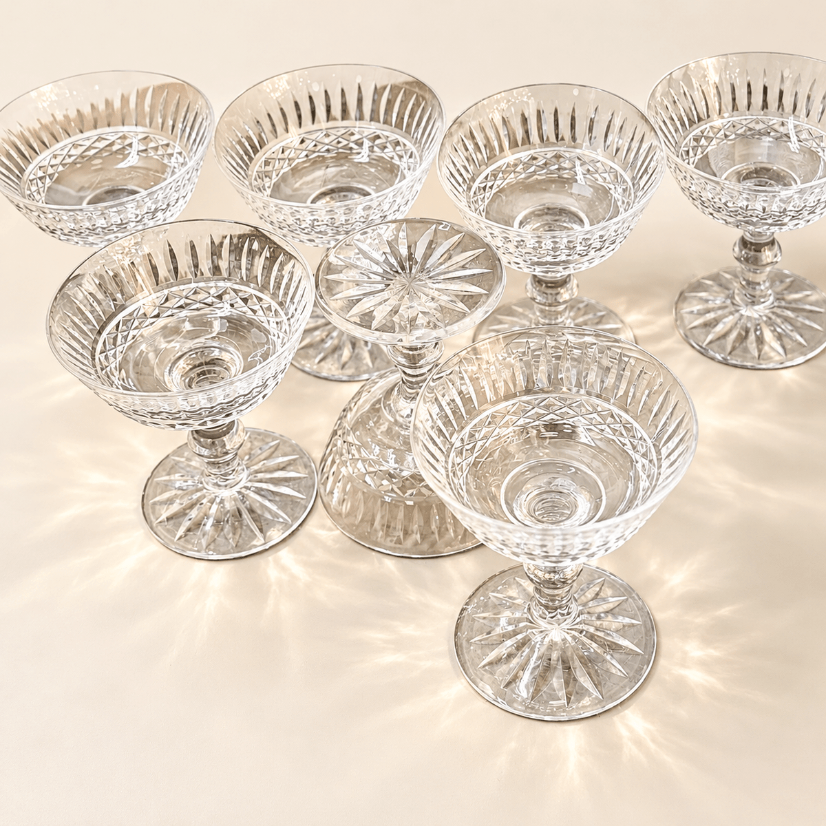 
                  
                    Vintage Cut Crystal Champagne Coupes — Set of 7 - Curated Home Decor
                  
                