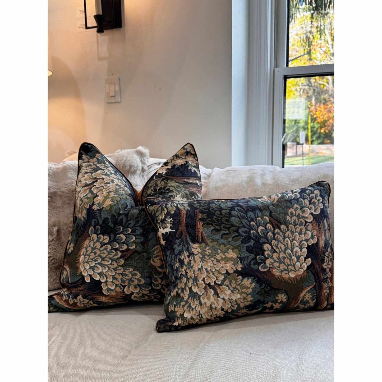 Amelia Pillow forest tapestry with velvety backing and elegant piping for home decor, 20x20 inches